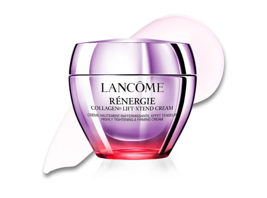 A jar of Lancôme Rénéfgie H.P.N. 300-Peptide Cream with a creamy texture beside it, highlighting anti-aging skincare.